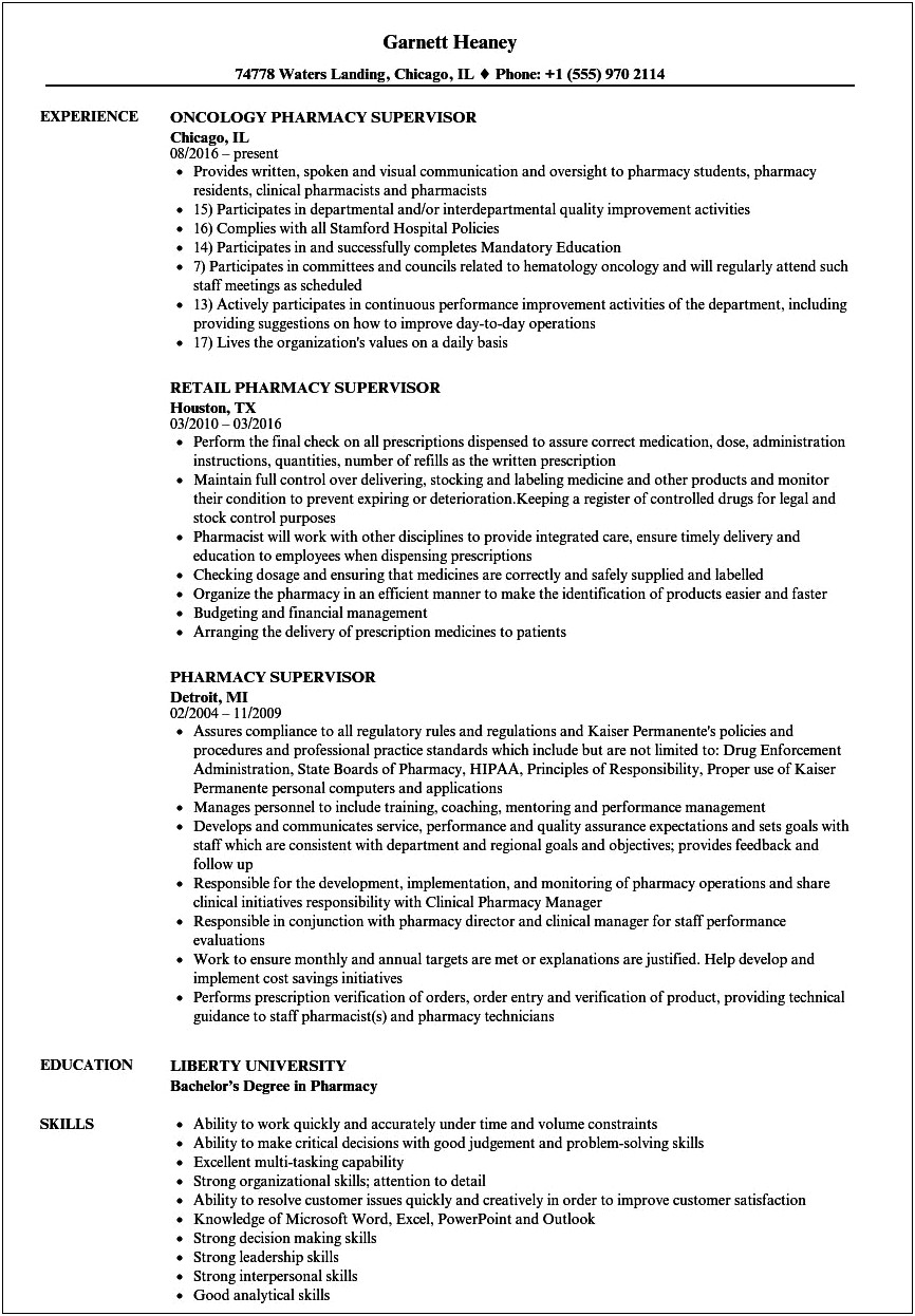 Sample Of Resume For Outpatient Pharmacists