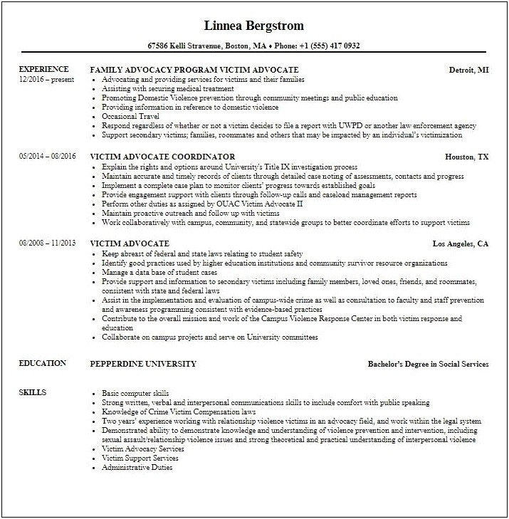 Sample Of Resume For Victim Advocacy