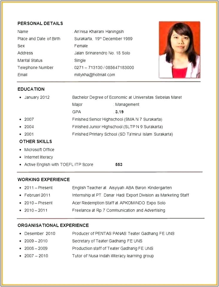 Sample Of Resume In English Pdf