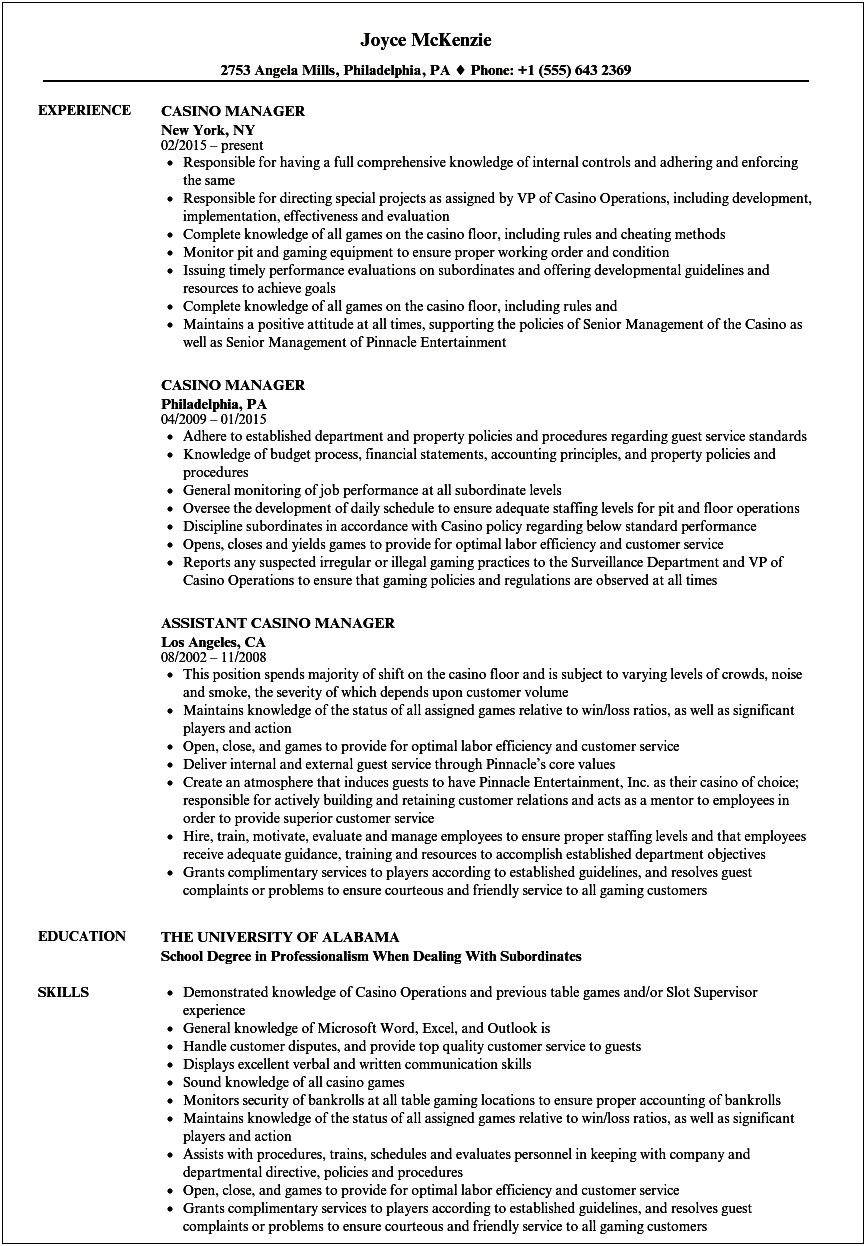 Sample Of Resume Jobs Responsibilities For Casino