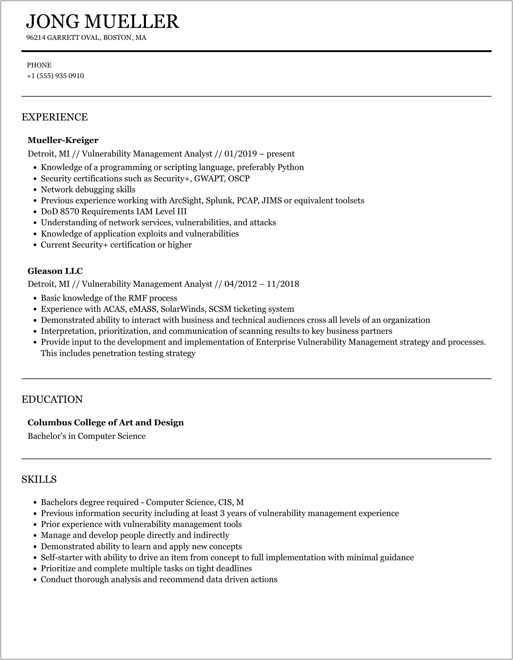 Sample Of Resume On Vulnerability Remediation