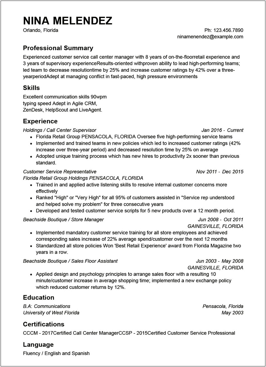 Sample Of Resume Summary For Customer Service