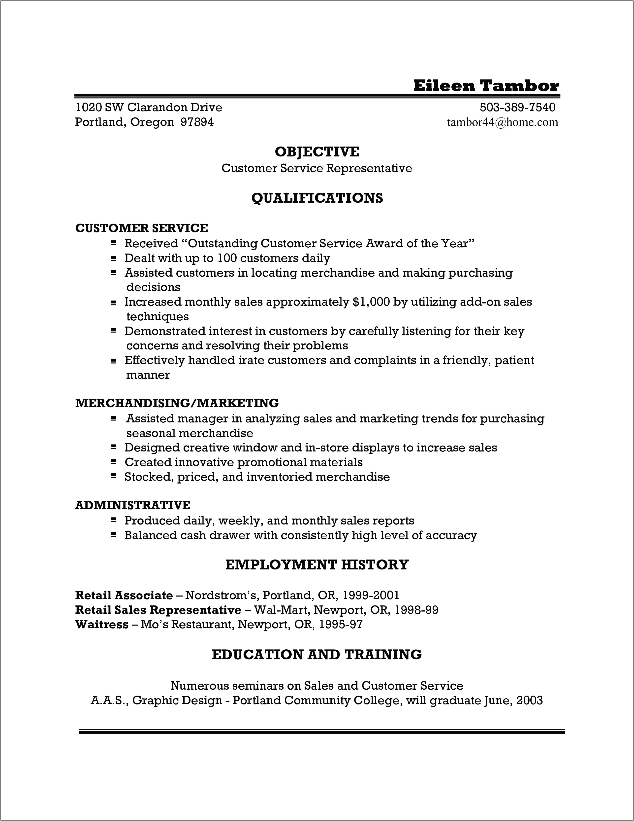 Sample Of Retail Customer Service Resume