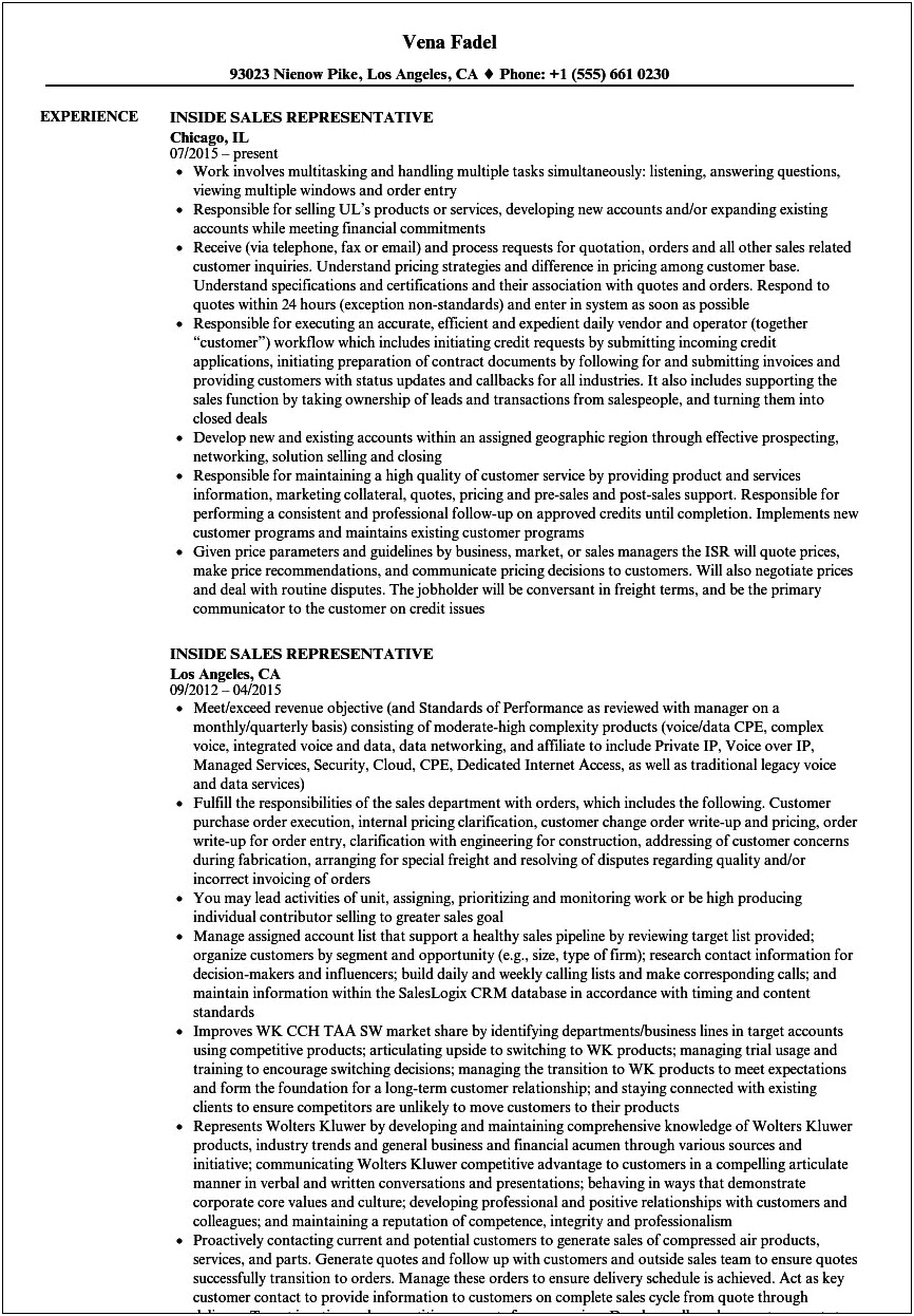 Sample Of Sales Job Description For Resume