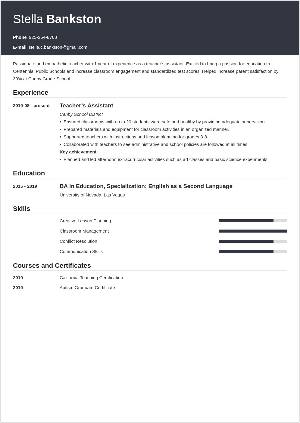 Sample Of Teacher Resume With No Experience