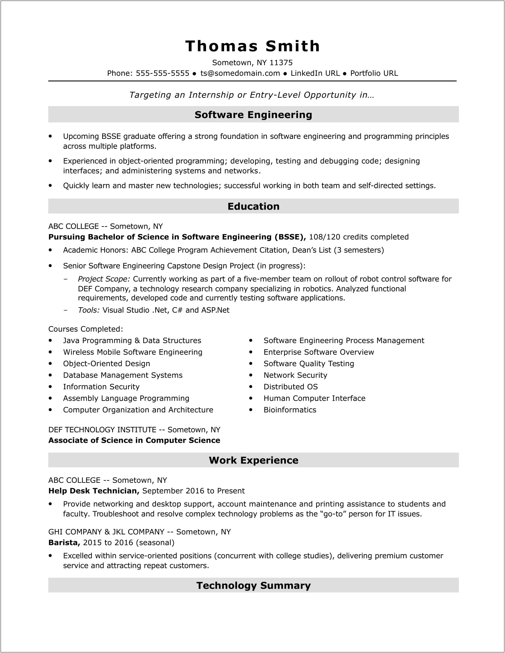 Sample Of Technical Service Engineer Resume