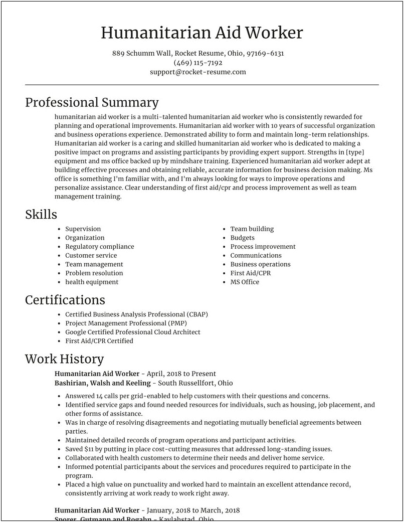 Sample Of Usaid Humanitarian Worker Resume