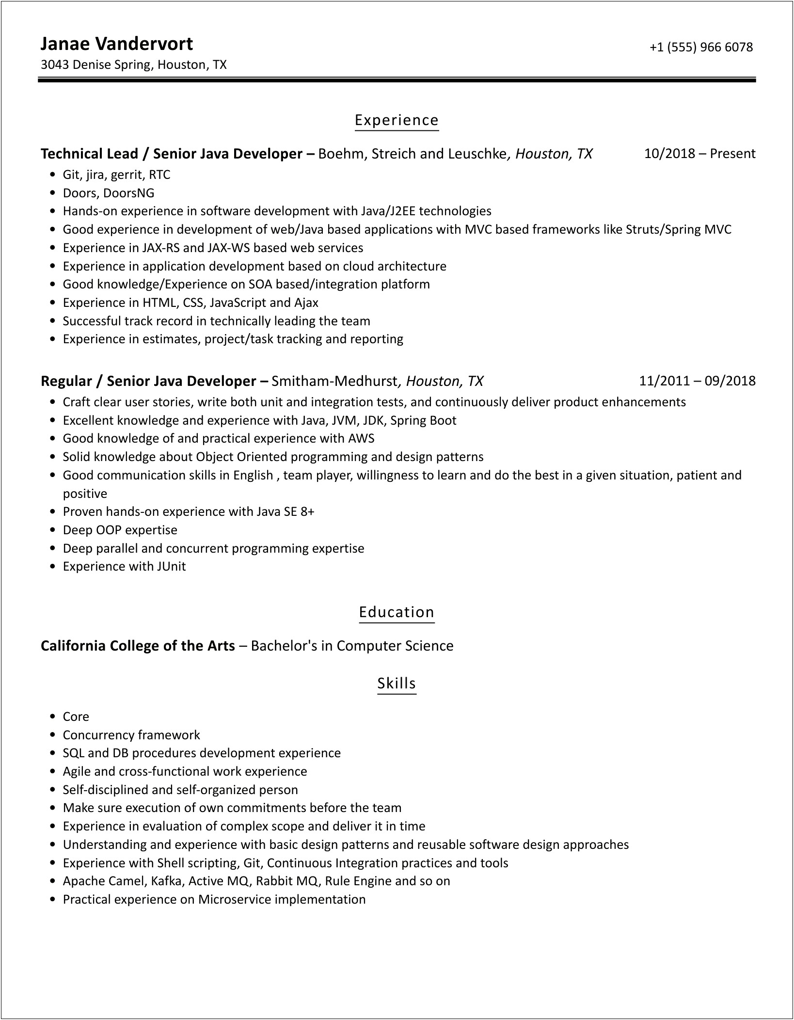 Sample One Year Resume For Java Developer