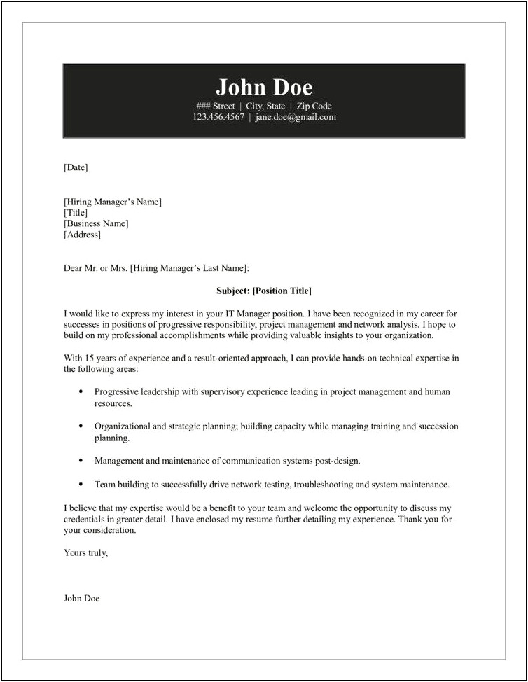 Sample Project Manager Cover Letter For Resume
