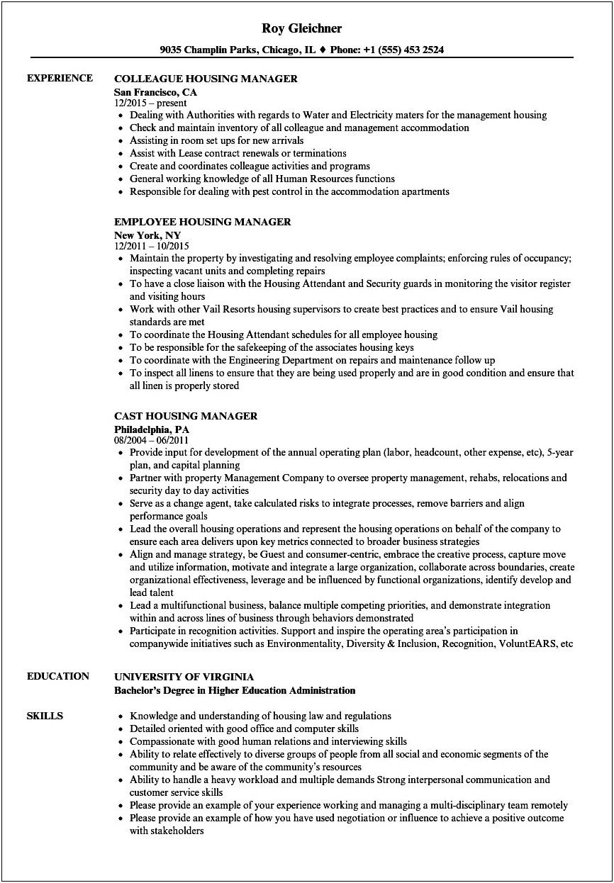 Sample Property Manager Resume Rent By Bedroom
