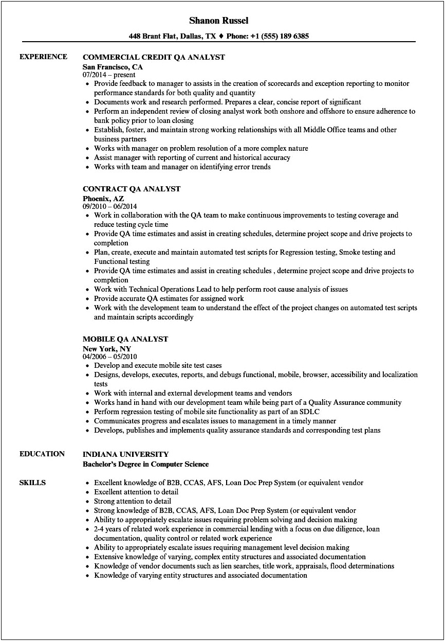 Sample Qa Resume With Healthcare Experience
