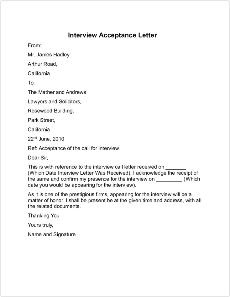 Sample Resonse Letter To Resume For Interview