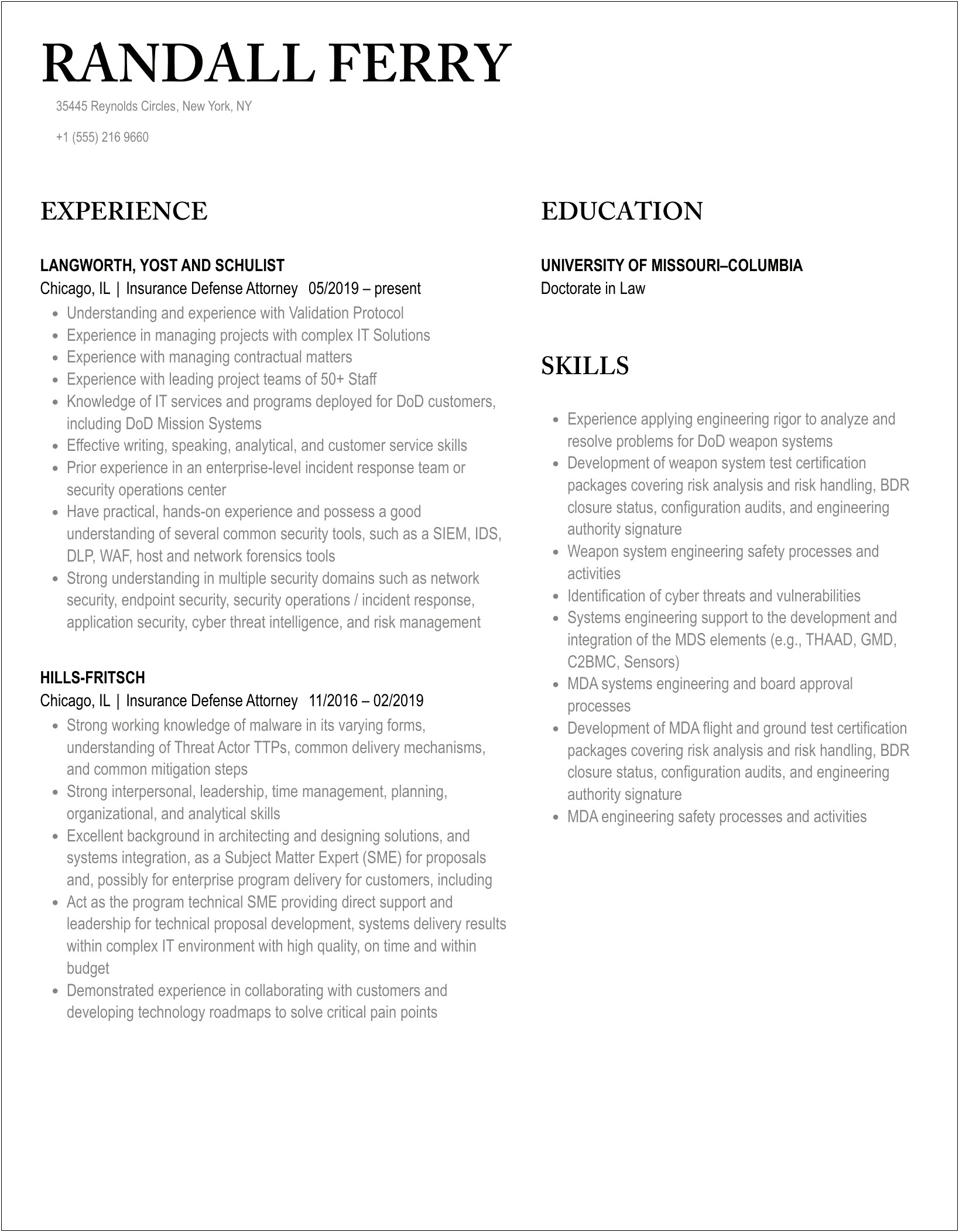 Sample Resume Attorney Medical Malpractice Defense