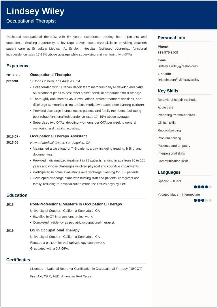 Sample Resume Certified Occupational Therapy Assistant