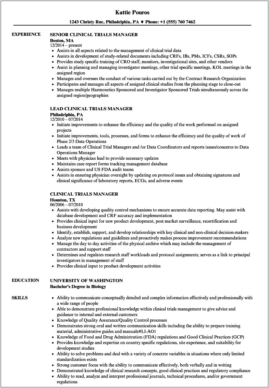 Sample Resume Clinical Research Project Manager