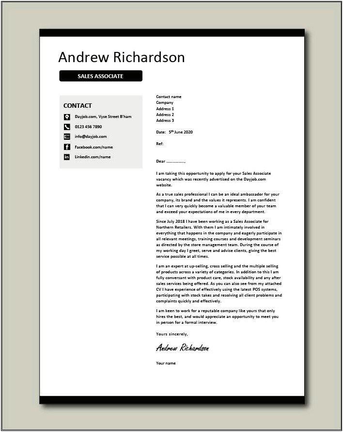 Sample Resume Cover Letter For Retail Job