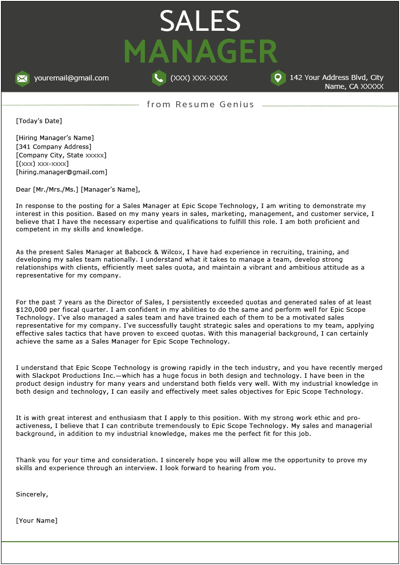 Sample Resume Cover Letter For Sales Job