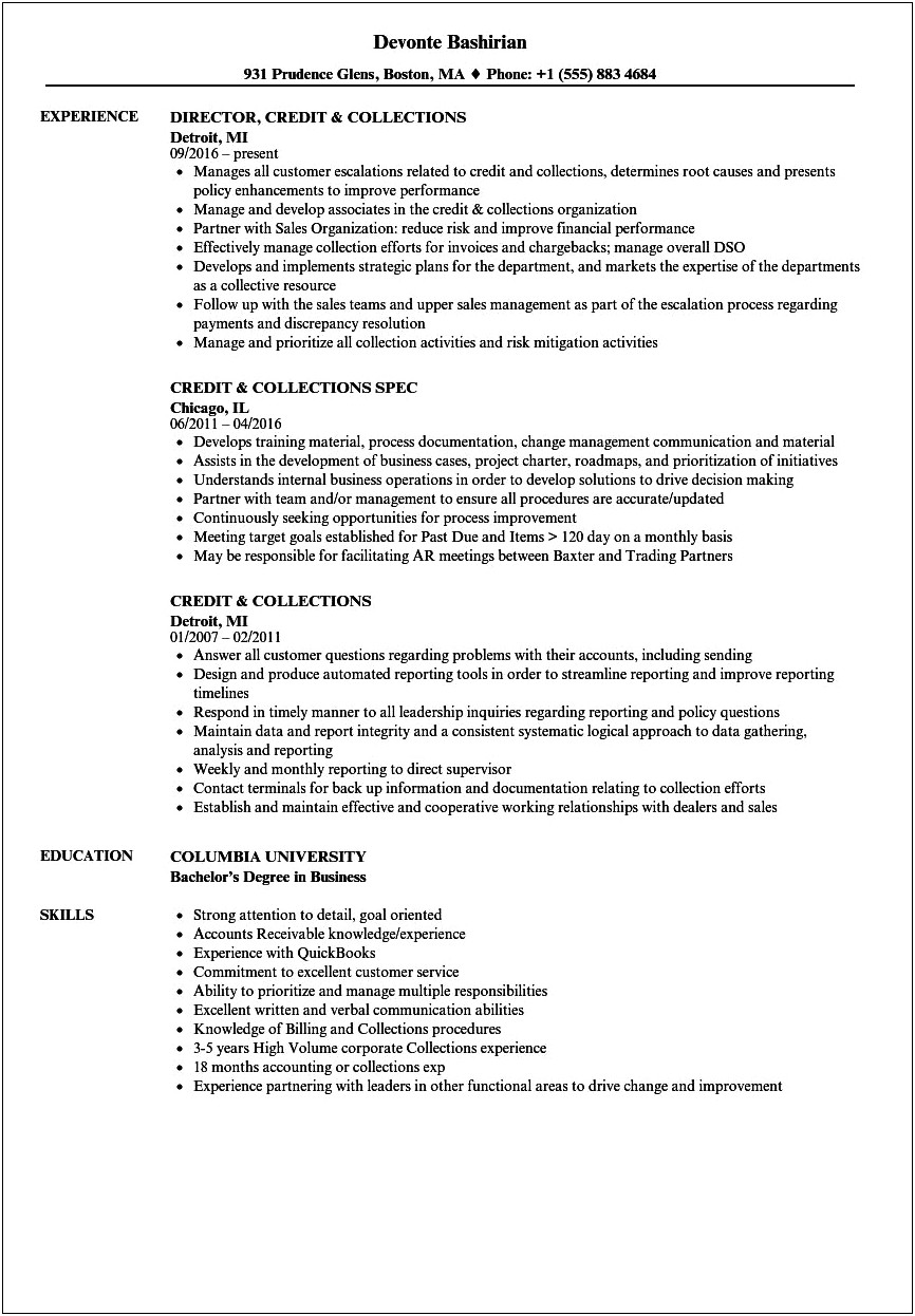 Sample Resume Credit Collection Officer New Career