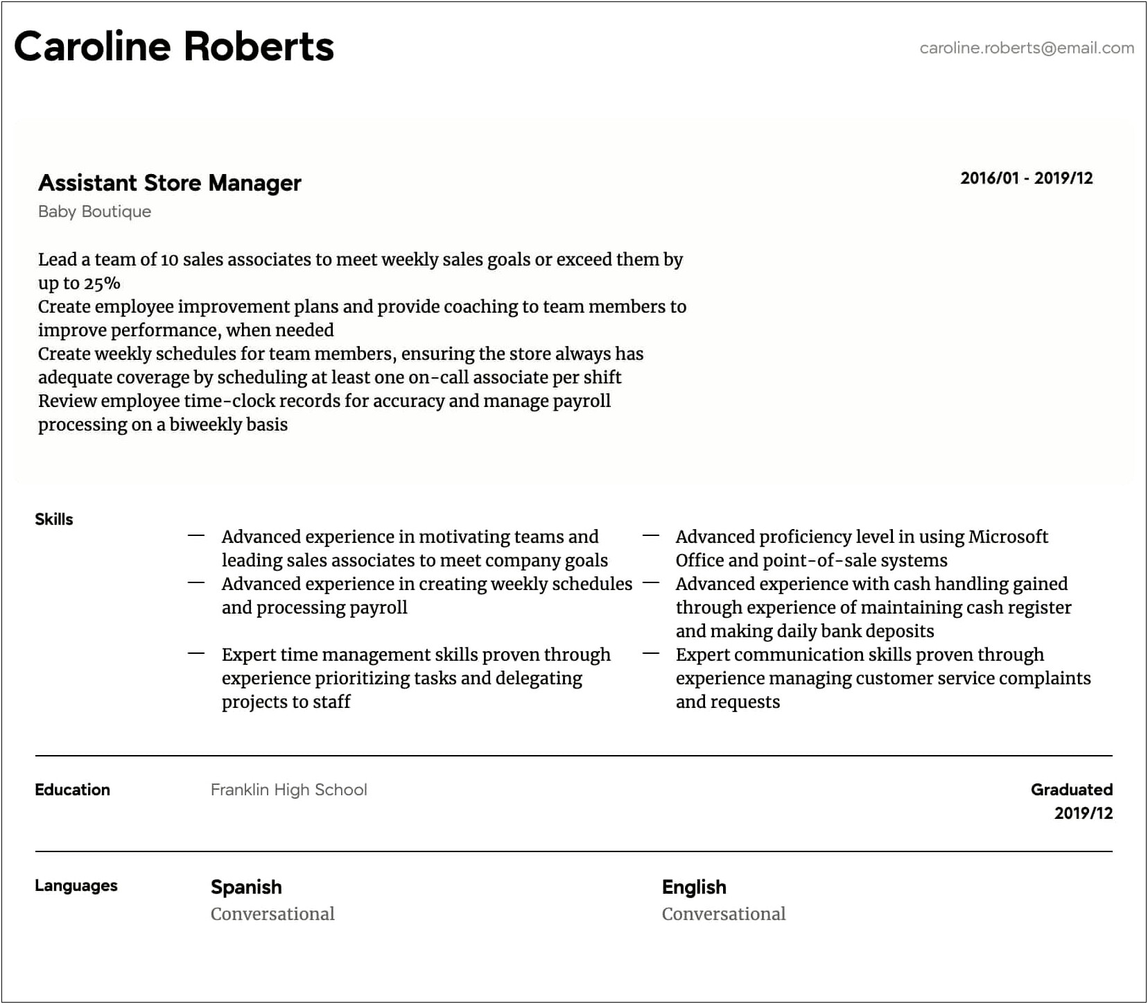 Sample Resume Department Retail Management With Customer Engagement