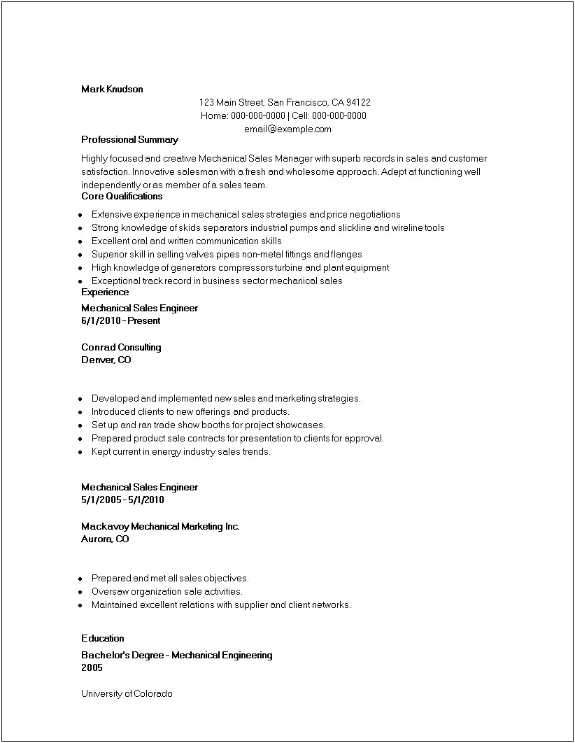 Sample Resume Download For Mechanical Engineer