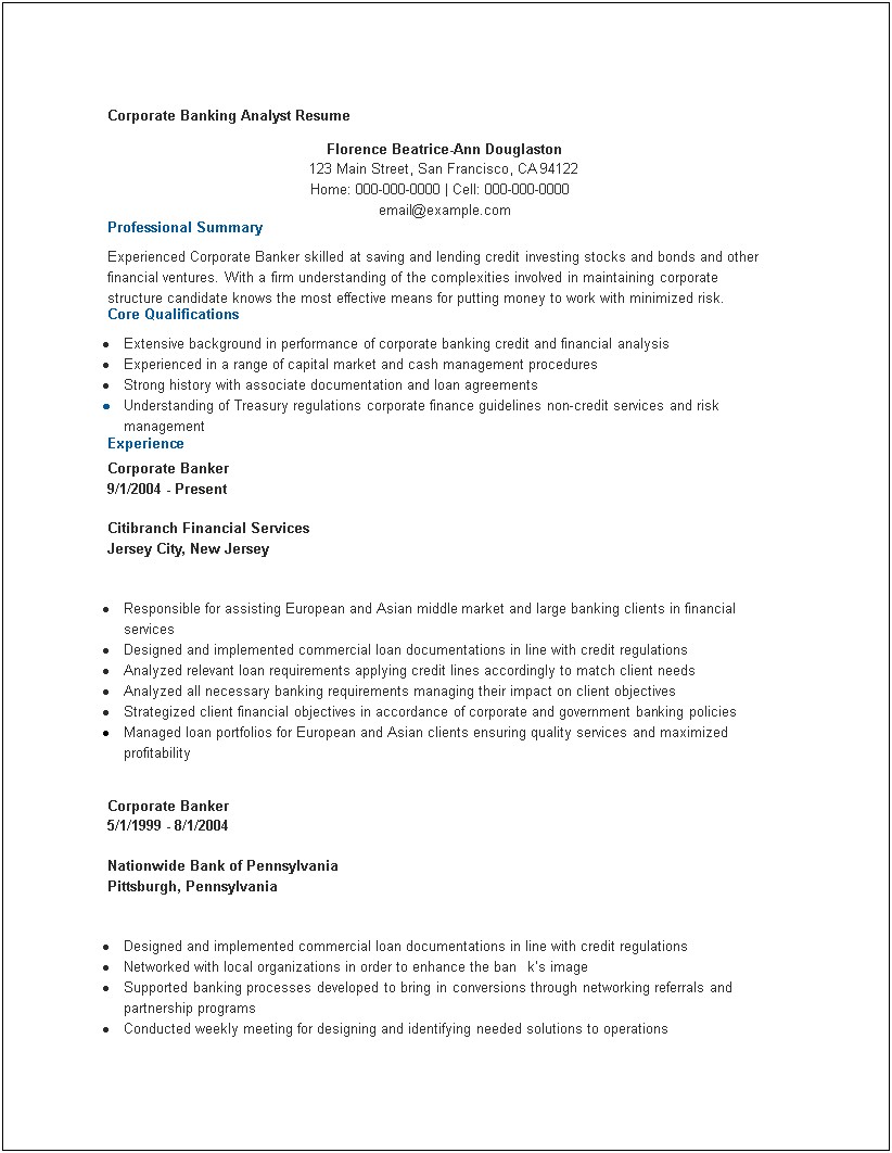 Sample Resume Financia Analys For A Banking