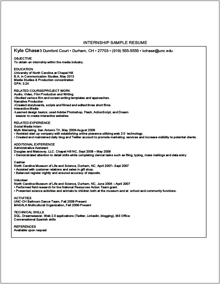 Sample Resume First Year College Student