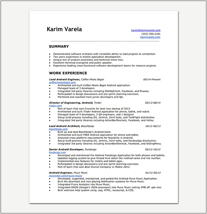 Sample Resume For 1 Year Experienced Android Developer