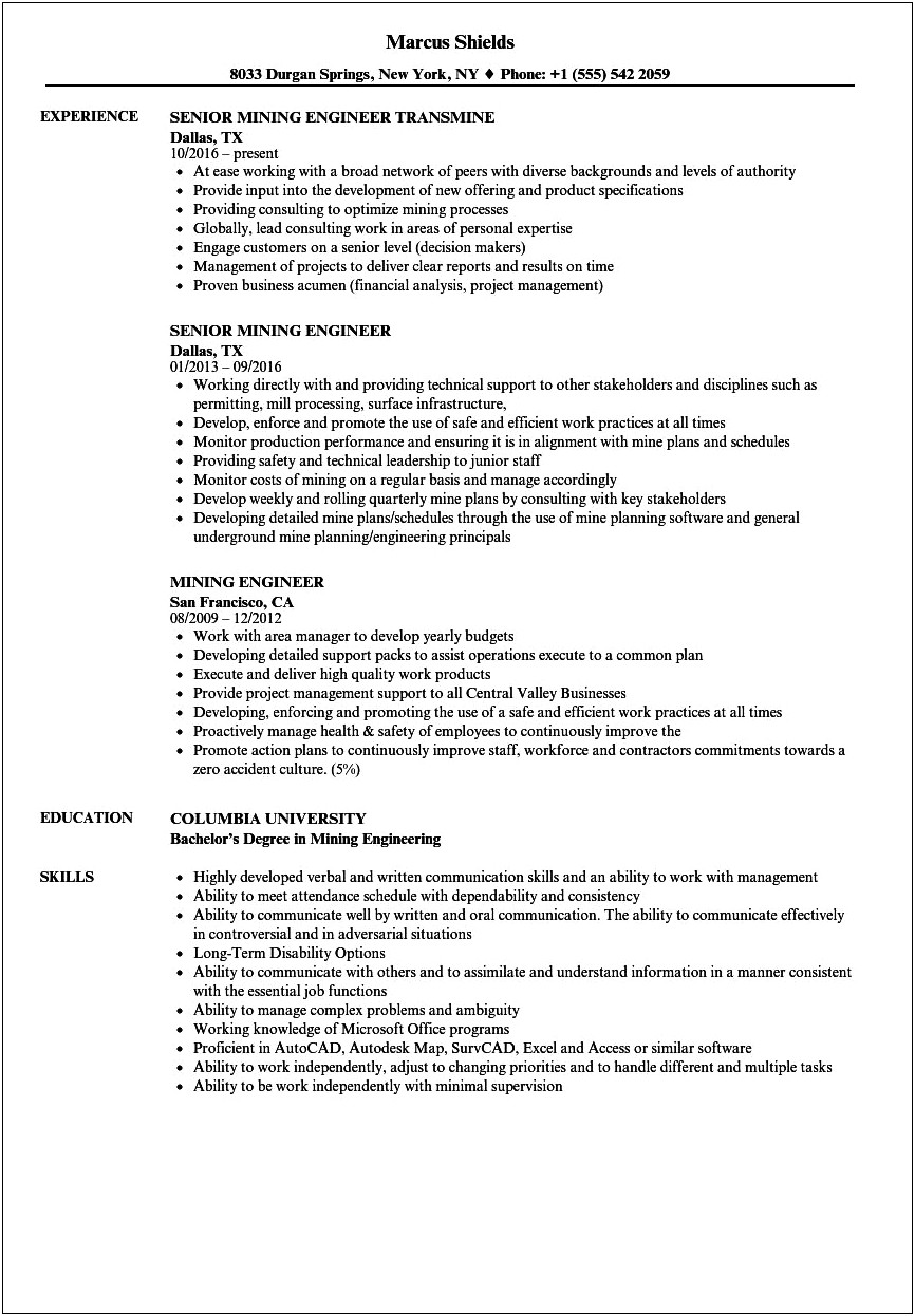 Sample Resume For A Coal Miner