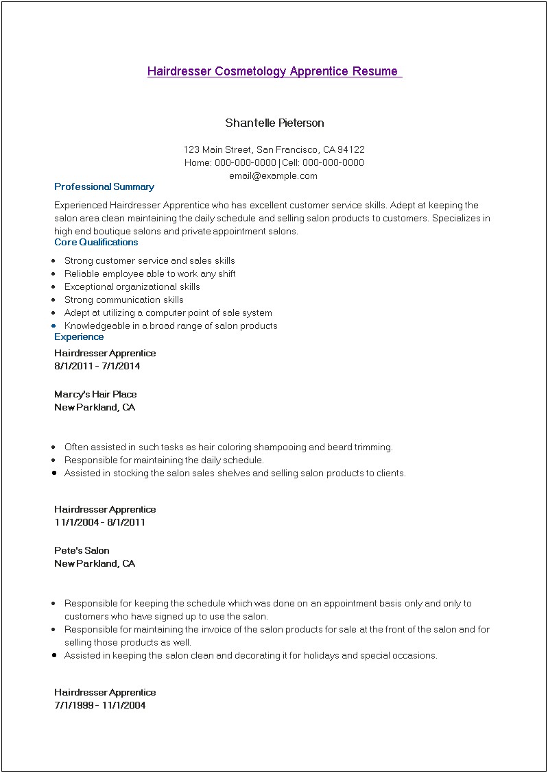 Sample Resume For A Cosmetology Student