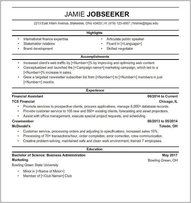 Sample Resume For A Current College Student