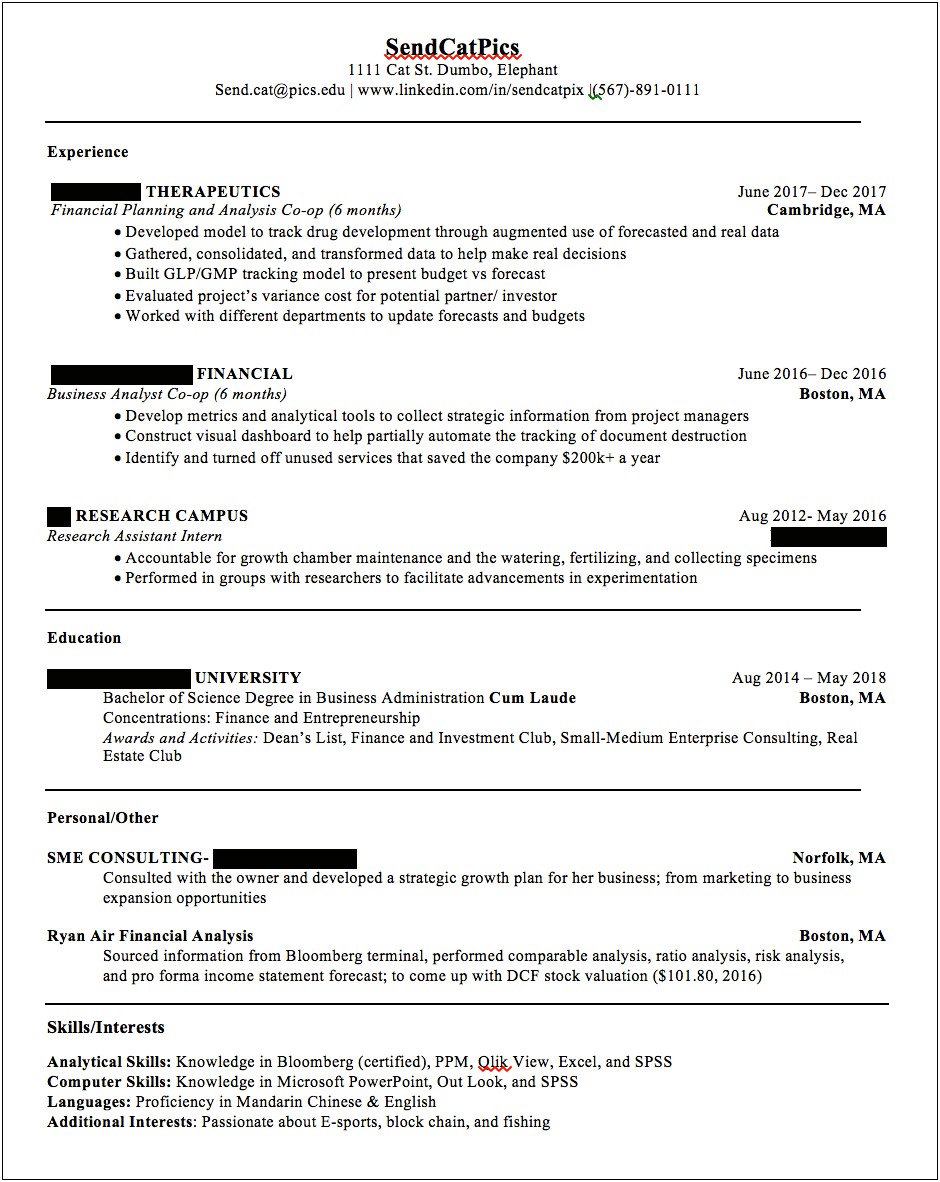 Sample Resume For A Finance Coop