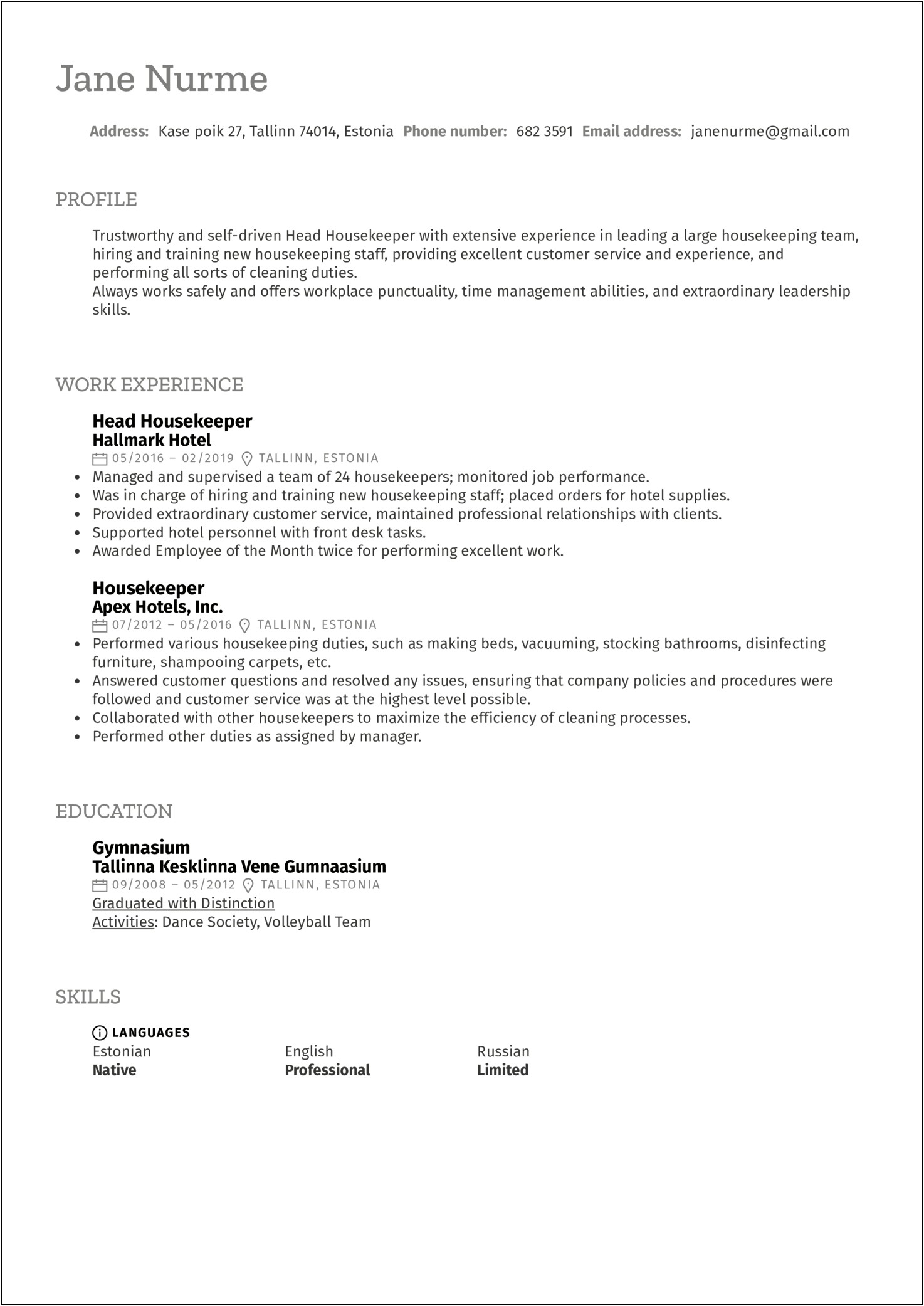 Sample Resume For A House Cleaner