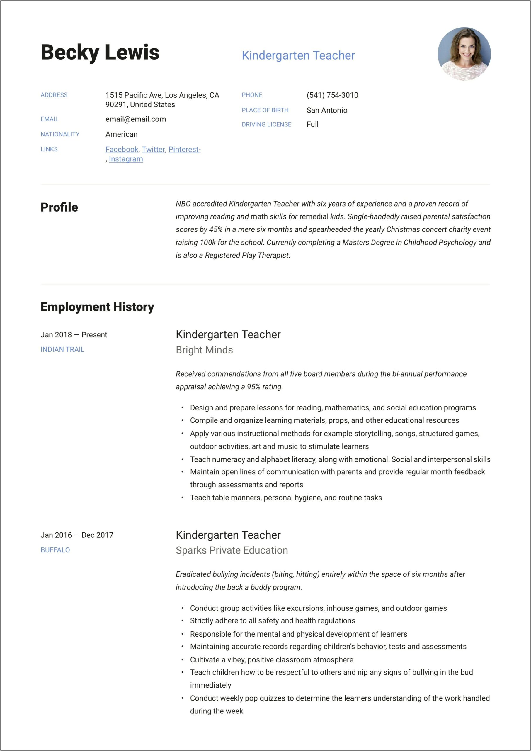 Sample Resume For A Perschool Teacher Position