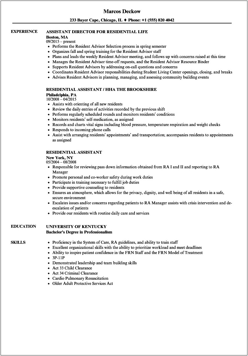 Sample Resume For A Resident Advisor