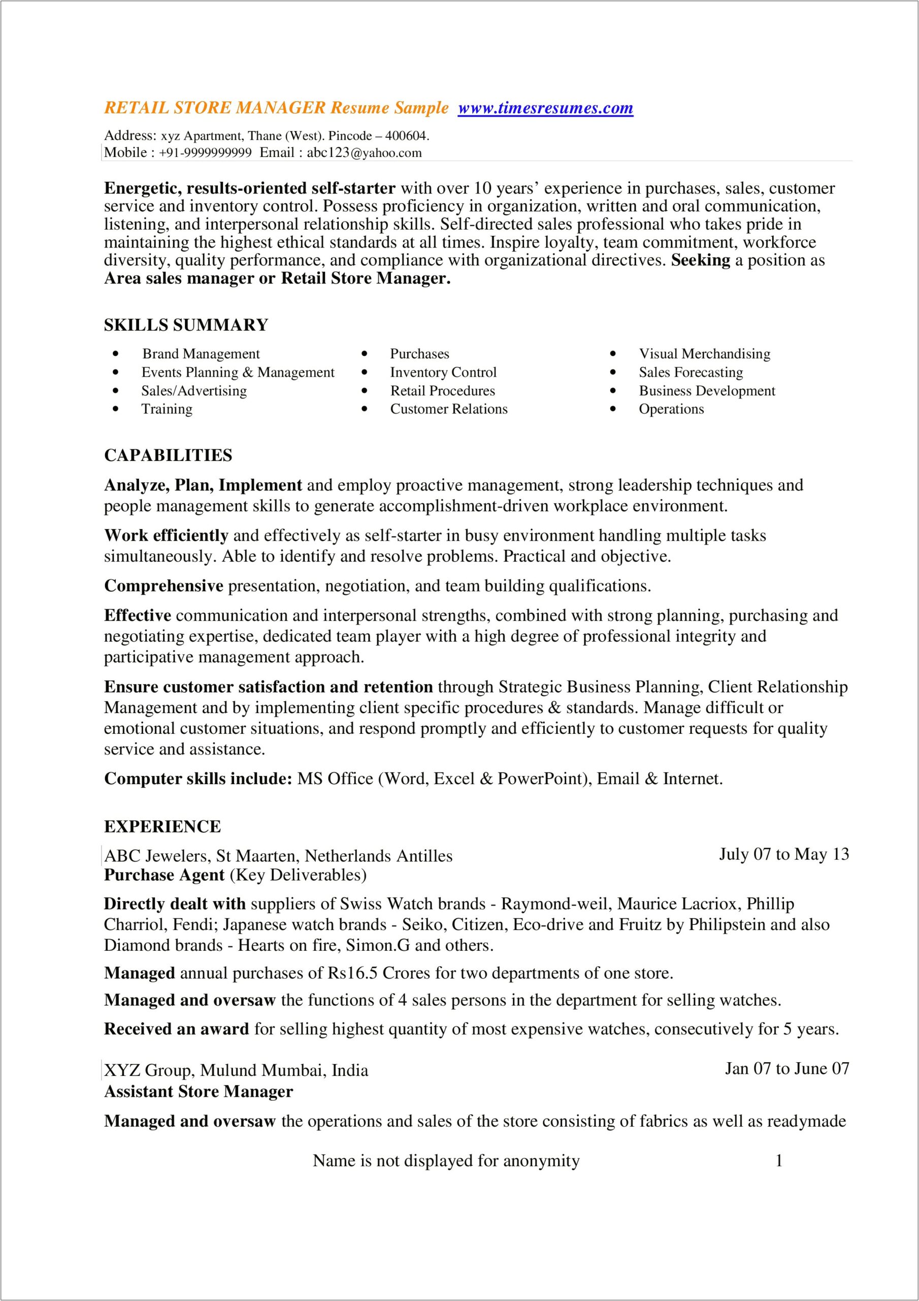 Sample Resume For A Visual Merchandising