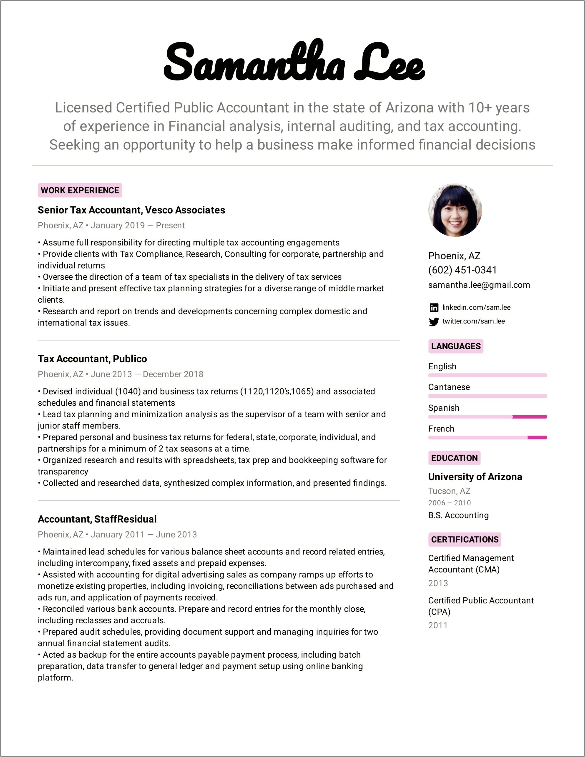 Sample Resume For Accontant Job In Usa