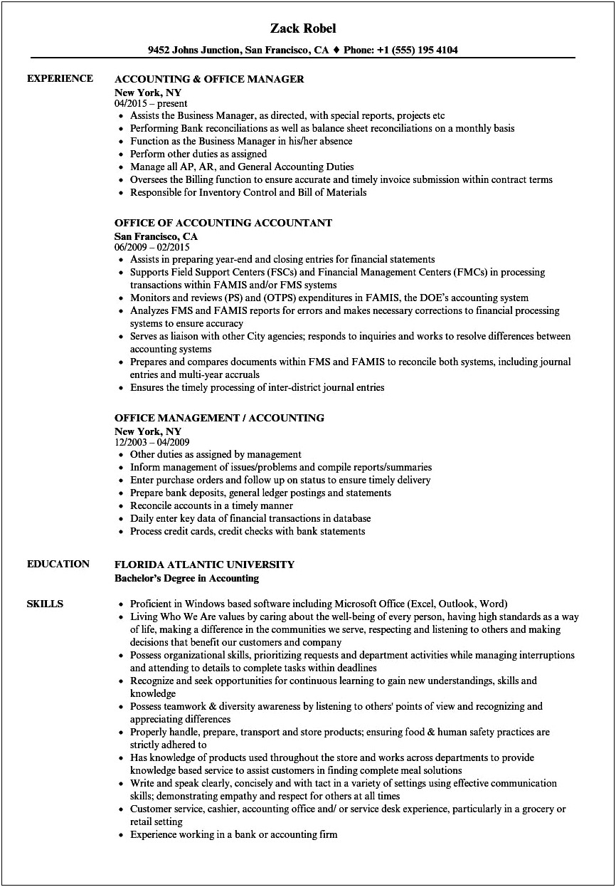 Sample Resume For Accountant In School