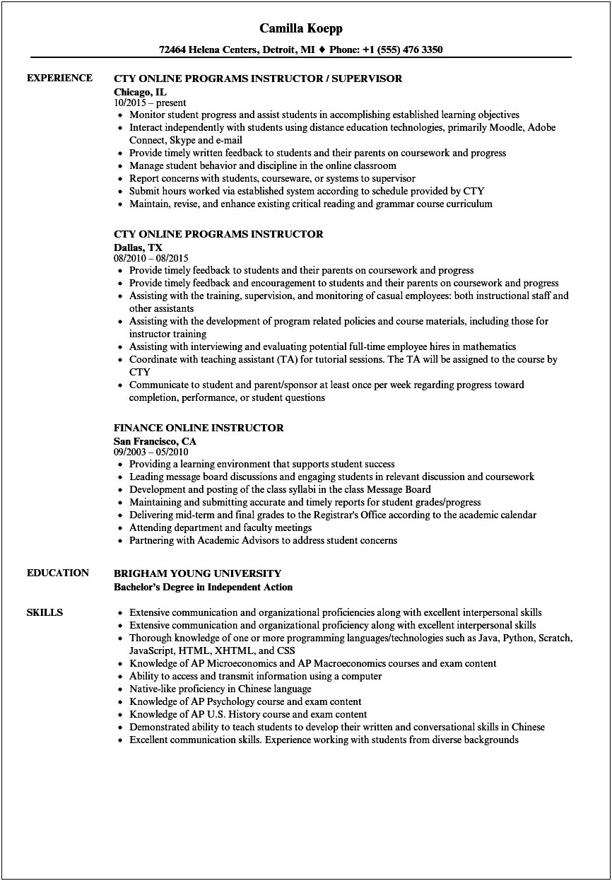 Sample Resume For Adjunct Teaching Position