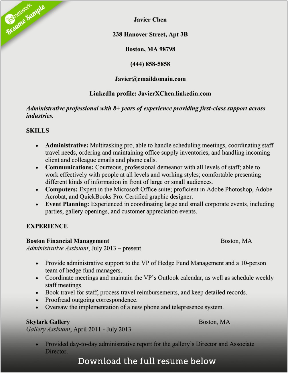 Sample Resume For Administrative Assistant In Construction