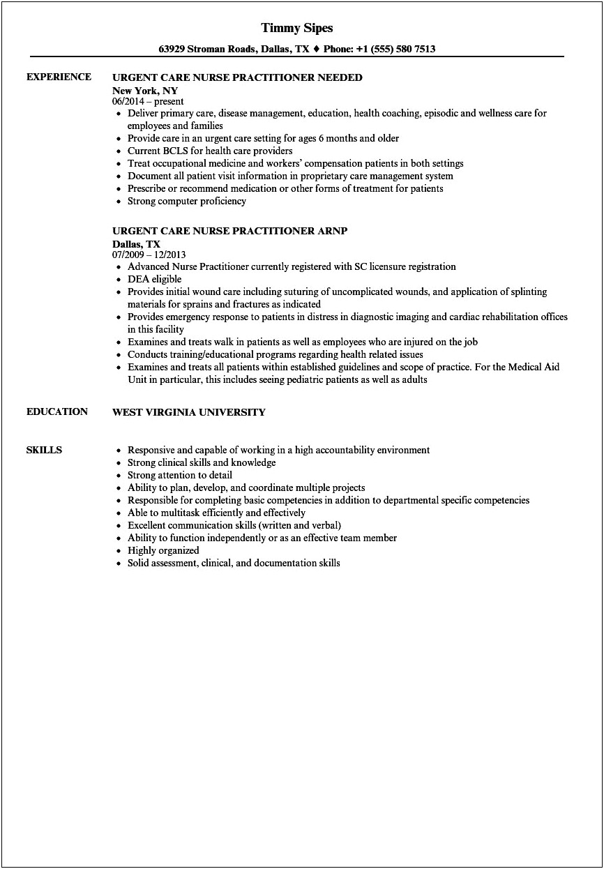 Sample Resume For Advanced Practice Nurse