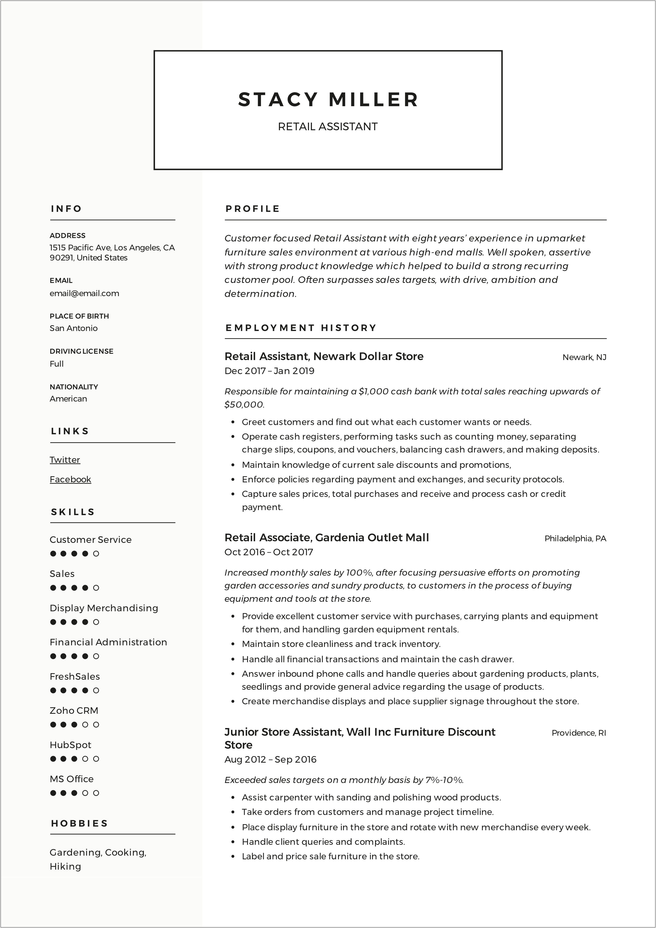 Sample Resume For Aldi Retail Assistant