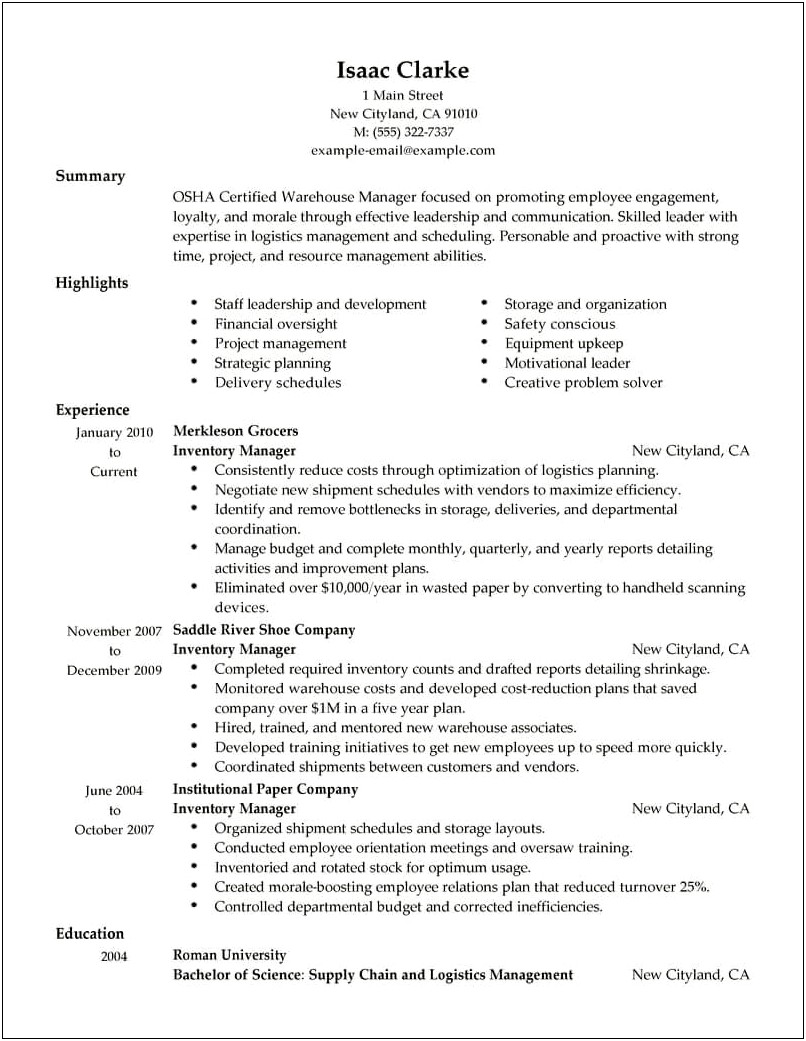 Sample Resume For An Inventory And Asset Management