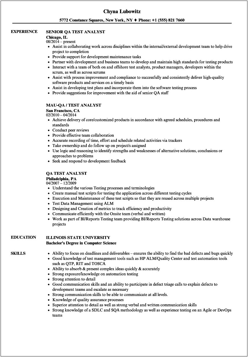 Sample Resume For Analyst Or Tester