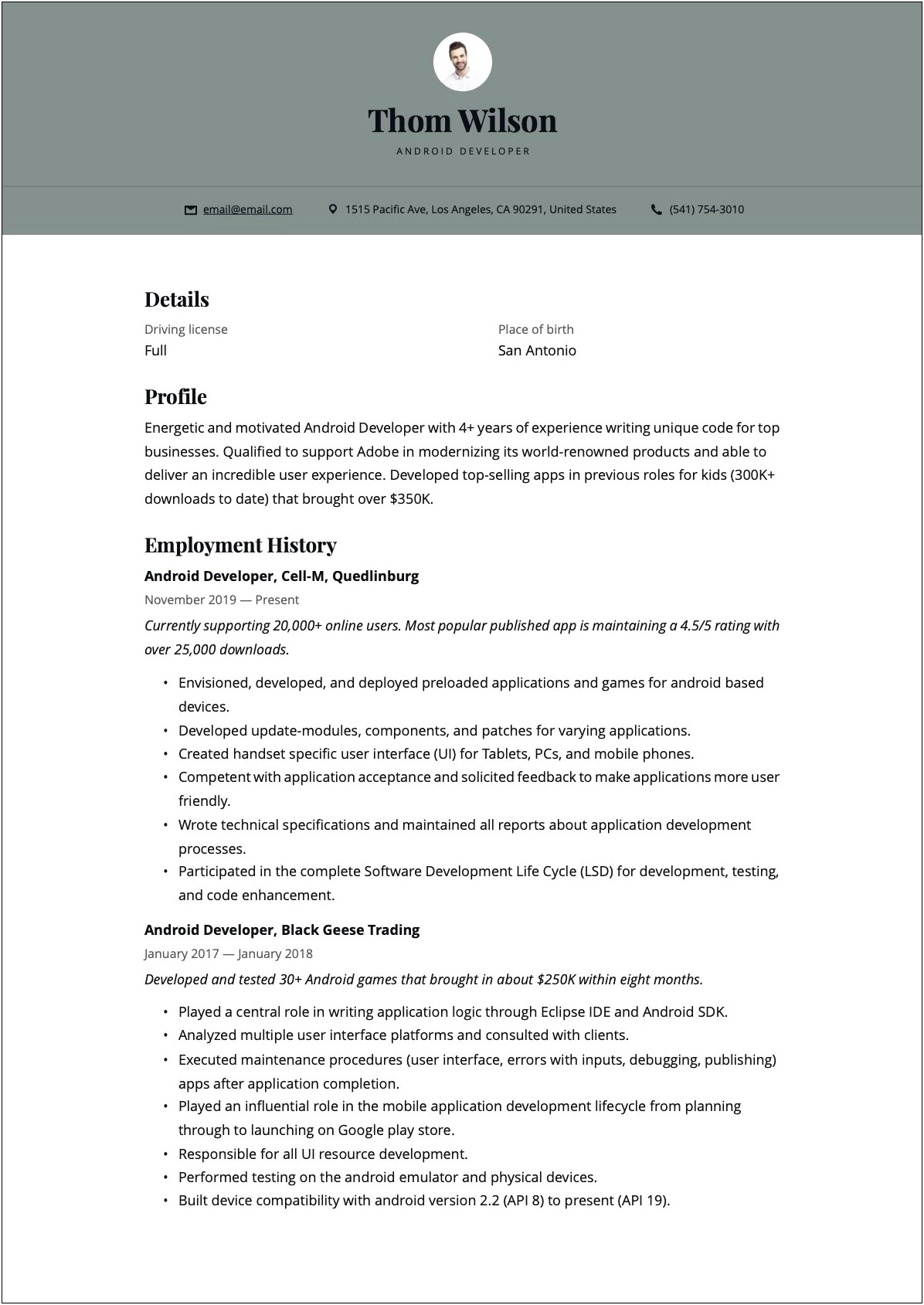 Sample Resume For Android Developer Job