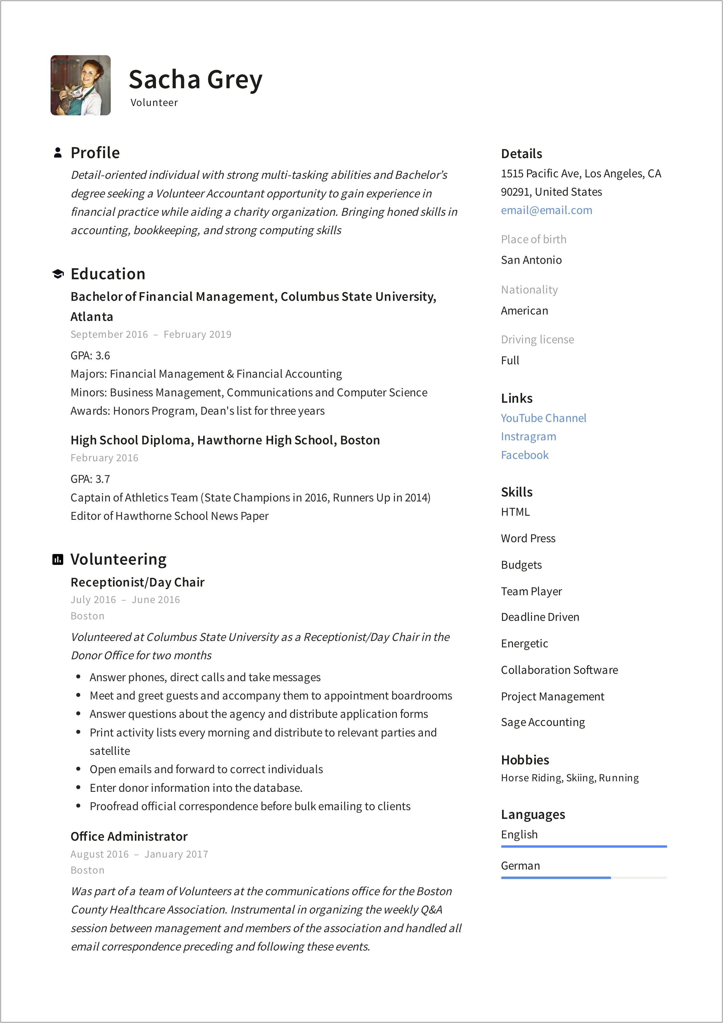 Sample Resume For Animal Volunteer Work