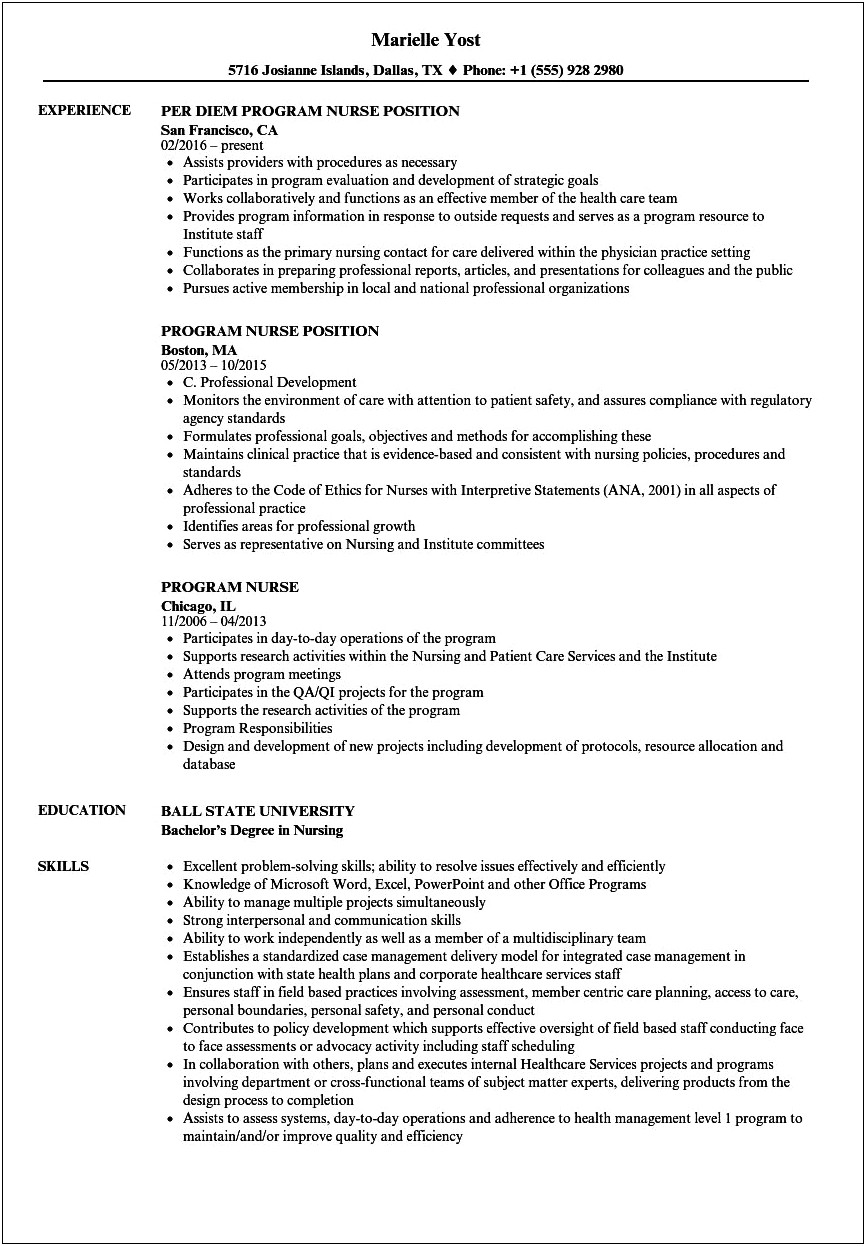 Sample Resume For Application To A Nursing Program