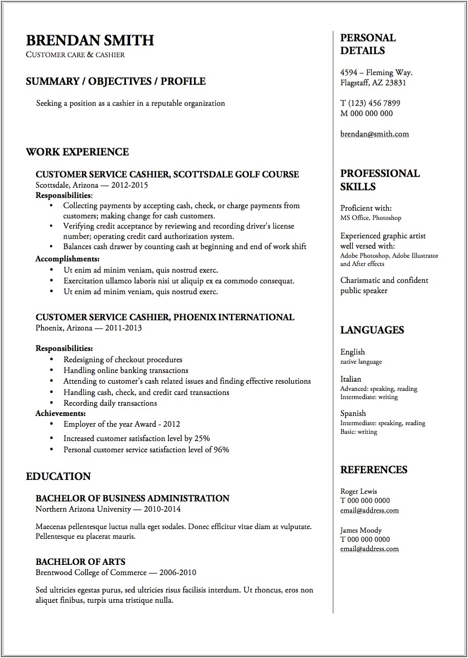 Sample Resume For Applying To A Cashier