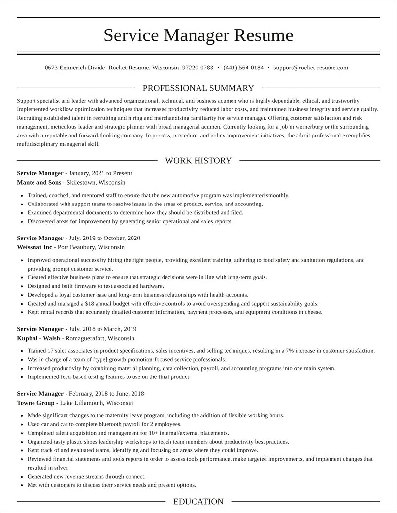 Sample Resume For Area Service Manager