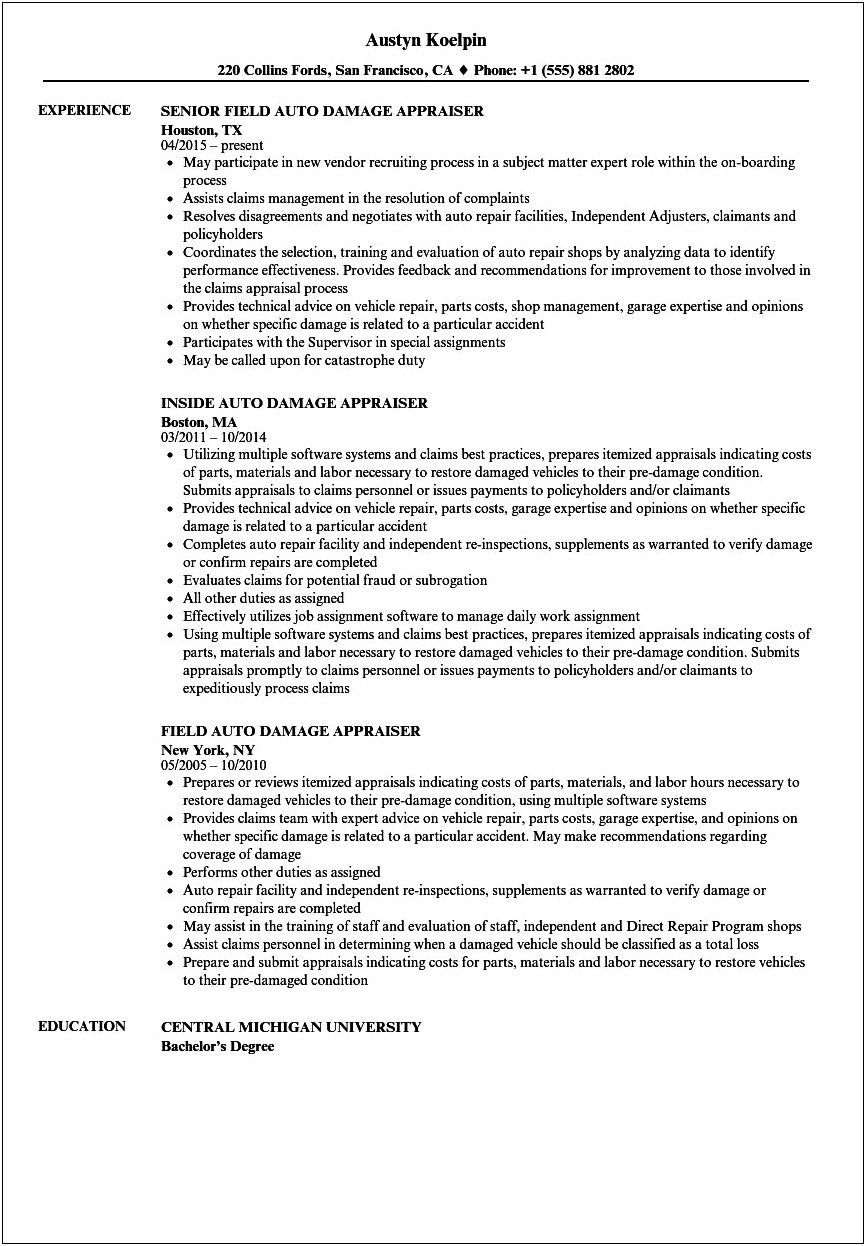 Sample Resume For Auto Claims Auditor Appraiser Estimator