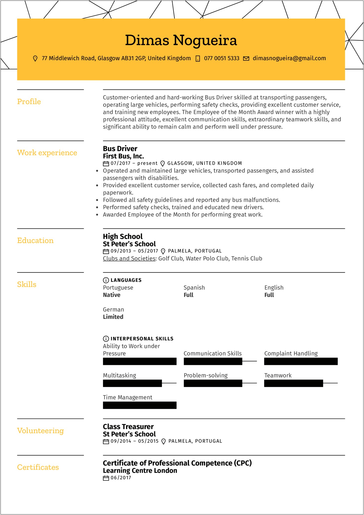 Sample Resume For Bus Driver Position